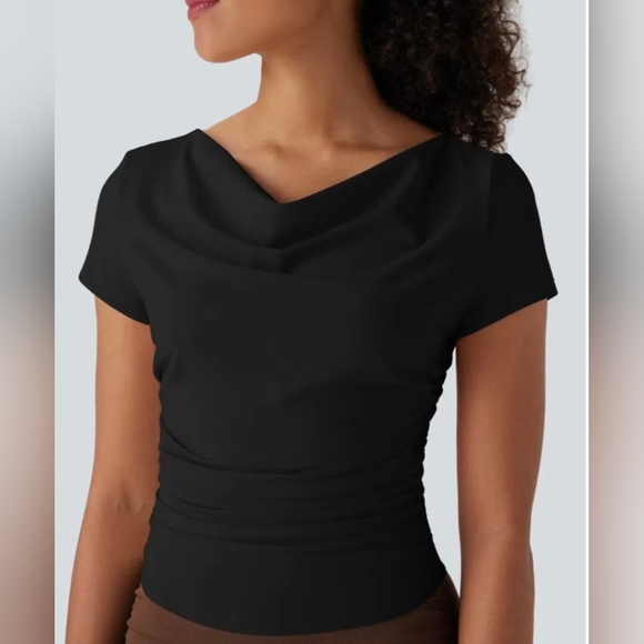 HALARA Tops - Halara Cowl Neck Short Sleeve Ruched Yoga Top In Black Sz. XL